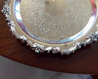 Vintage Round Silver Plated Serving Platter with Ornate Scalloped Rim
