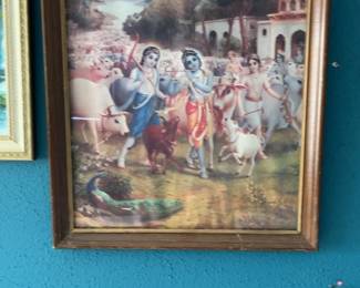 Framed Lord Krishna and Balarama with Cows Religious Hindu Art Print