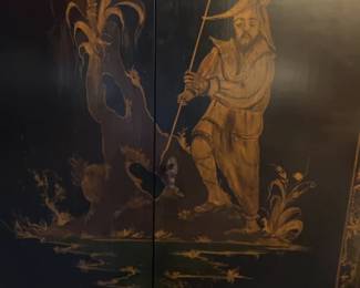 Black Lacquer Chinoiserie Tall Cabinet