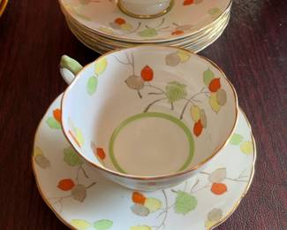 Vintage Porcelain Teacup and Saucer with Autumn Leaf Motif Set of 3 Cups and 5 Plated