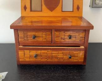 Vintage Wooden Jewelry Box with Photo Frames & Inlay Detail