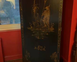 Black Lacquer Chinoiserie Tall Cabinet 30 x 18 x 82