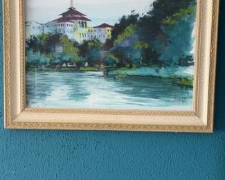 Framed Original Landscape Watercolor Painting - Buildings & Lake Scene