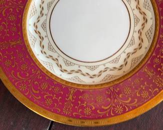Fine China Burley & Co. Plates with Magenta Rim and Gold Filigree Set of 14
