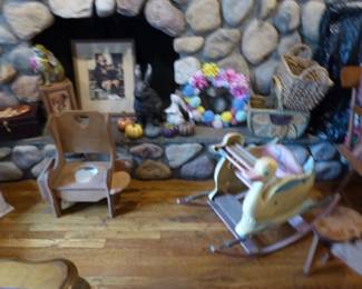 Vintage baby bouncer rocker, vintage potty, bric-a-brac