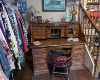 Rolltop desk & chair, bric-a-brac