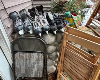 Hockey skates, folding chairs