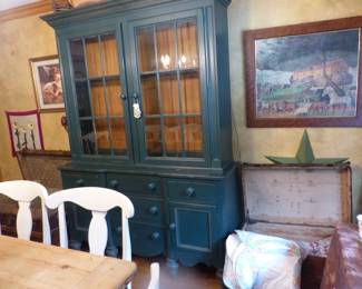 Painted green breakfront, antique trunks, framed picture