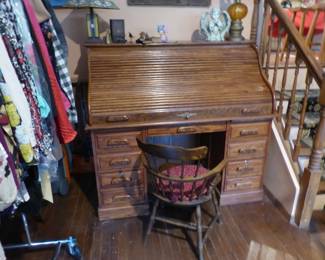 Rolltop desk & chair, bric-a-brac
