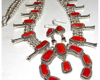 Navajo Mediterranean Coral Squash Blossom Necklace & Earrings Set Sterling A. Johnson
