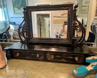 Early Chinoisoire dresser mirror, dovetailed drawers