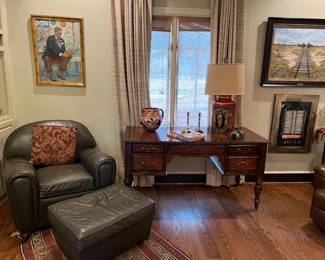 Mahogany desk, leather chair and ottoman