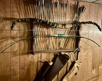 Vintage Archery Rack $30
Arrows 3 for $5
Green Fiberglass Recurve Bow $70
Left handed Fred Bear Archery Bow $225