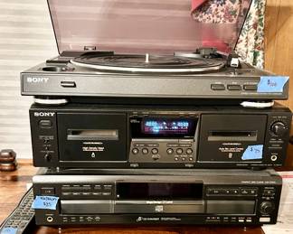 *Sony stereo turntable PS – LX 300 USB $100
*Sony STR–DG510 multichannel AV receiver $80
* Sony cassette deck TC – WE475 $75
5 CD changer CDP-CE525 no power $25
Remote $10