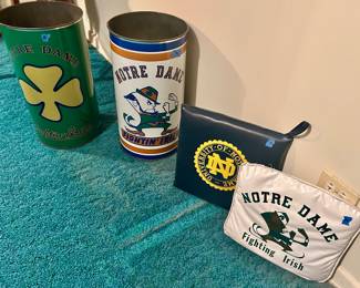 Notre Dame Shamrock green tall tin bucket $30
Notre Dame “Fighting Irish” tall tin bucket $60
Notre Dame sitapons $15ea