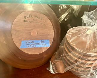 New Burl walnut salad mixing bowl, 6 individual serving bowls & serving tool set $40