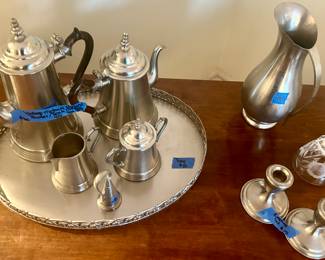 4pc Pewter coffee/tea set $60, tray $10, bell $5
Empire Taper candle holder set $15, pitcher $10