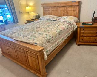 4 sided Queen oak Bed; headboard 66”w x 54”h $175
Comforter $25
2 matching night stands with pullout work surfaces & drawers $65ea
Mattress $100