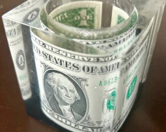 1969 $1 DOLLAR BILL ENCASED IN LUCITE PAPER WEIGHT "THE BANK ROLL” $25