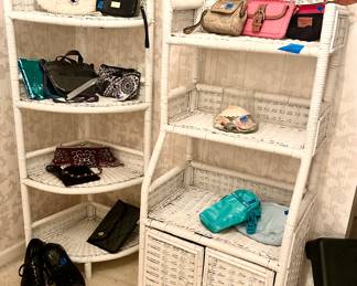 Vntg White wicker corner shelf & shelf with bottom cabinet $25ea