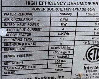 SaniDry DeHumidifier model:SD109 1pint/day
$250