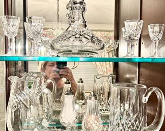 Waterford Crystal Decanter $75,
cordial glasses $10ea, small bowl $15
round taller handled pitcher $35
Shorter square round $50, Salt & Pepper set $30