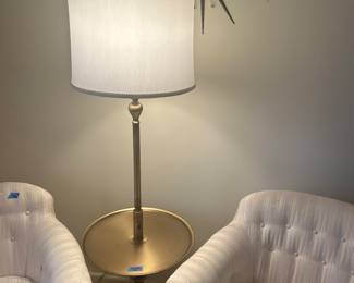 Table lamp 18” rnd x 61”h $125
2 Vntg cream arm chairs $50ea
Background MCM look plastic clock $10