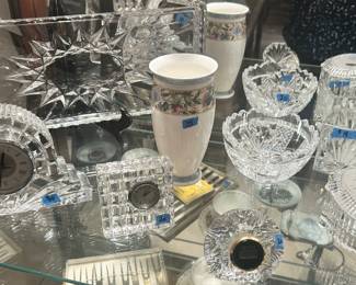 •Back: Wedgwood vase $15, long platter/glass perfume tray $10; Waterford handled bowl $20; square votif holder $15•Front row: Waterford Crystal large clock $30, square clock $20 small round clock $20, covered etched music box $18