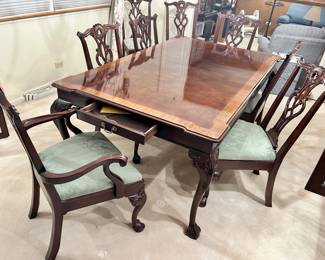 Burl-wood Henredon rectangle Clawfoot dining table with drawer at each end, 2 leaves - $750
2 upholstered seat Clawfoot arm chair $95ea; 6 upright Clawfoot chair $60ea
Complete set $1250