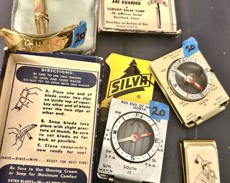Vintage small Compasses $20ea
Vntg Gold Curvfit shaver w/ pouch $25
Golf Schrimshaw Clip $15