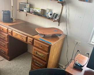 7 drawer solid wood desk with attached blotter 50”w x 22”d x 30” h $65
Pelonis Heater $15; Back board $45
Camera Baby monitor $39
Black Table top tv turn table $15
Earphone TV set $15