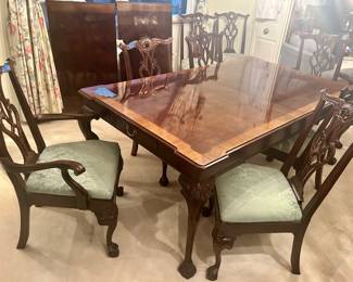 Burl-wood Henredon rectangle Clawfoot dining table with drawer at each end, 2 leaves - $750
2 upholstered seat Clawfoot arm chair $95ea;
6 upright Clawfoot chair $60ea
Complete set $1250