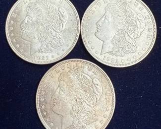 Three 1921 Morgan Silver Dollars