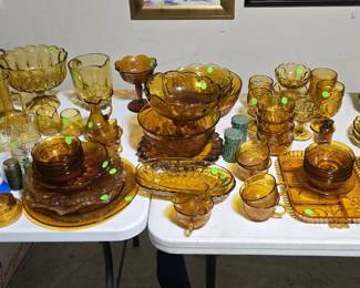 Vintage amber glass dishware, primarily identified as the "Whitehall" or "Cubist" pattern produced by Indiana Glass Company