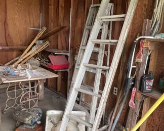 LADDERS, SEWING MACHINE BASE, OLD SINK, TIKI TORCHES