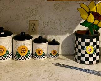 VINTAGE SUNFLOWER CANISTERS, PAINTED CROCK, SUNFLOWER STAINED GLASS DECOR
