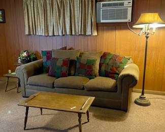 UPHOLSTERED COUCH, ANTIQUE LAMP, VINTAGE END TABLES