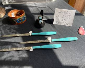 STERLING SILVER AND TURQUOISE JEWELRY AND TURQUOISE INLAID LETTER OPENERS