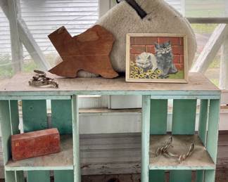 SHELF FROM OLD CRATES, HORSE BIT, REINS,SADDLE PAD