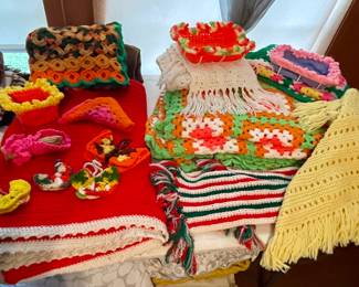 VINTAGE CROCHETED AFGHAN, SHAWL, BUTTERFLIES AND MORE