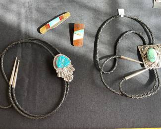 STERLING SILVER AND TURQUOISE BOLO TIES ONE BY CHEE, TURQUOISE INLAID POCKET KNIFE AND MONEY CLIP