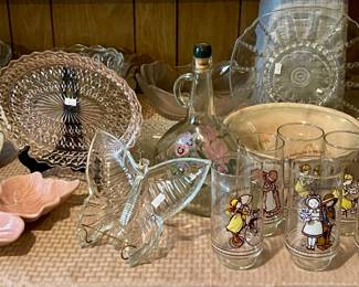 MCM POTTERY, VINTAGE GLASSWARE, PINK DEPRESSION GLASS, HOLLY HOBBY GLASSES