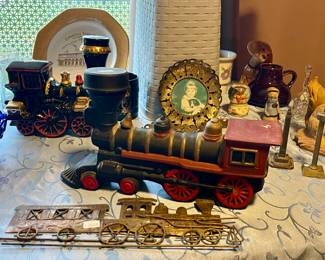VINTAGE TRAIN DECANTERS, METAL TRAIN WALL ART
