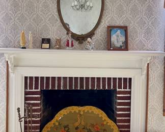 ANTIQUE WOOD PAINTED FIREPLACE SCREEN, FIREPLACE TOOLS, ANTIQUE MIRROR, RELIGIOUS STATUES