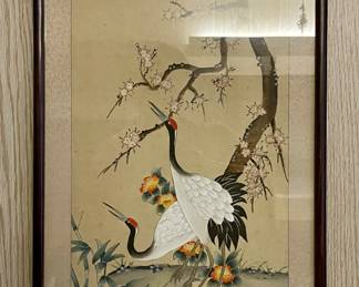 VINTAGE ASIAN FRAMED PRINT OF CRANES