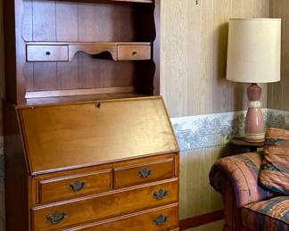 VINTAGE SLANT FRONT SECRETARY DESK WITH HUTCH, COUCH