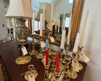 lots of Baldwin brass candlesticks, sconces, lamps, hurricanes