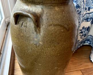 old pottery crock butter churn with lid and dasher