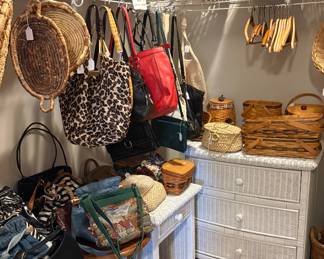 Misc purses including Brighton, Wicker chest & nightstand, misc. baskets including Longaberger
