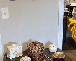 Ethan Allen nightstand, vintage mirror, handmade basket